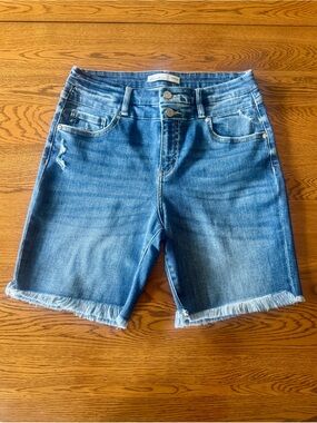 High Rise Bermuda Denim Shorts Sz 29 Distressed Fringe Raw Hem 2 Button